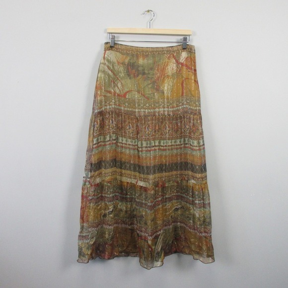 Cartise 8 Silk Metallic Maxi Skirt 8 Y2k Gold Brown Abstract Boho Whimsical 104 - Picture 1 of 8